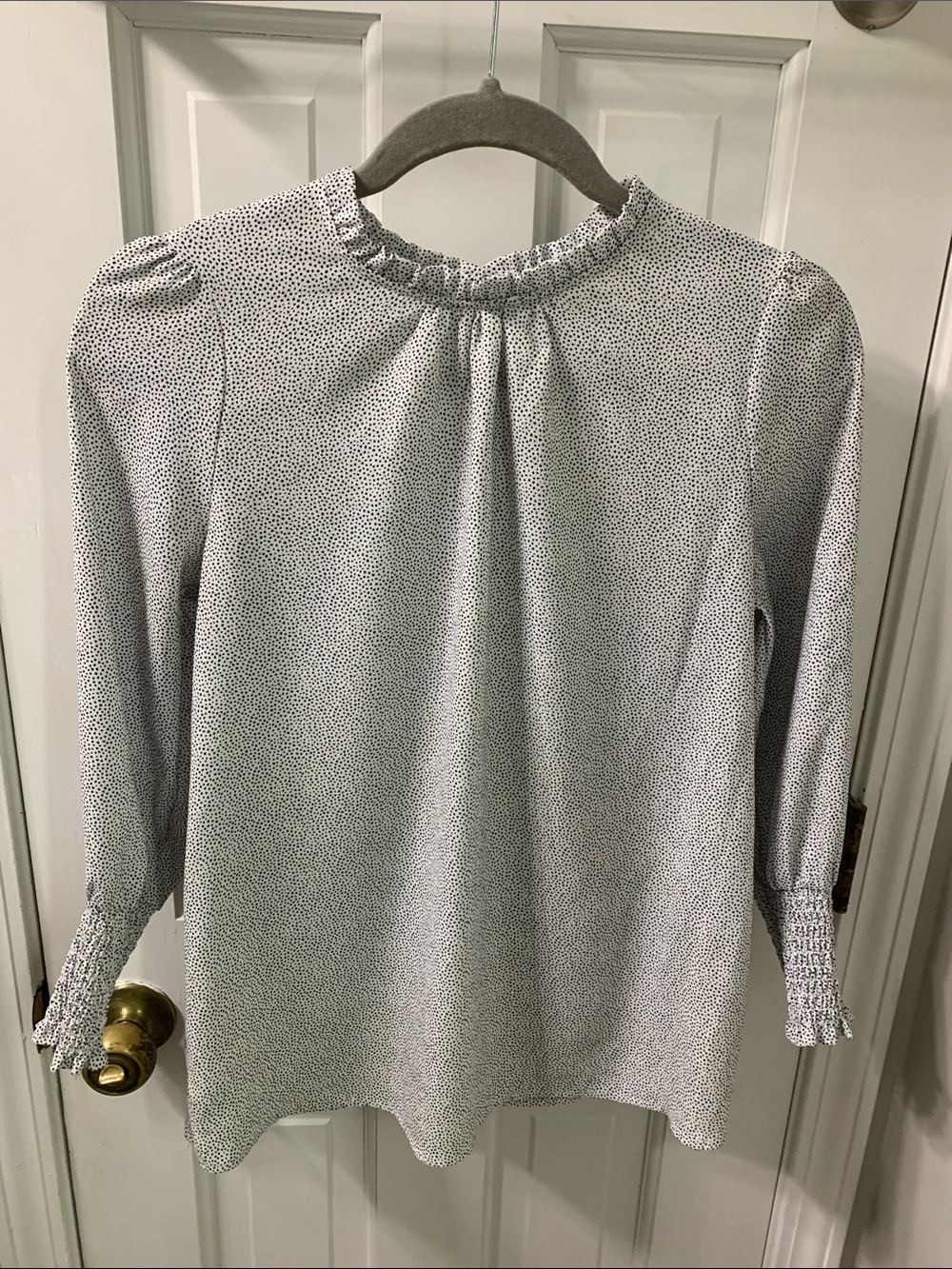Women's Smocked Neck Long-Sleeve Top - White with Black Dot Print